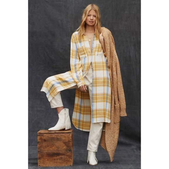 Pilcro for Anthropologie Side-Slit Maxi Tunic Buttondown Neutral Motif NWT Small - Picture 3 of 11